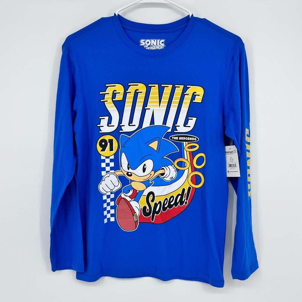 Sonic The Hedgehog Graphic Tee Boys XL 14-16 Blue Long Sleeve Speed Shirt NEW